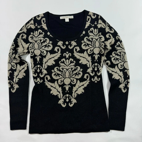 Boston Proper Damask Print Sweater Black Gold - Picture 1 of 6